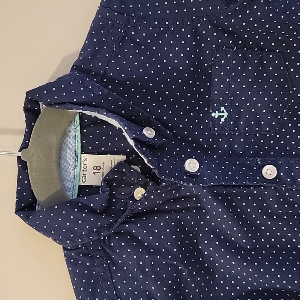 Carters plaid 18 months shirt button down onesie navy blue with polka dots white